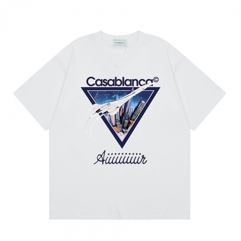 Loose-fit short sleeve t-shirt with blue and white floral script print