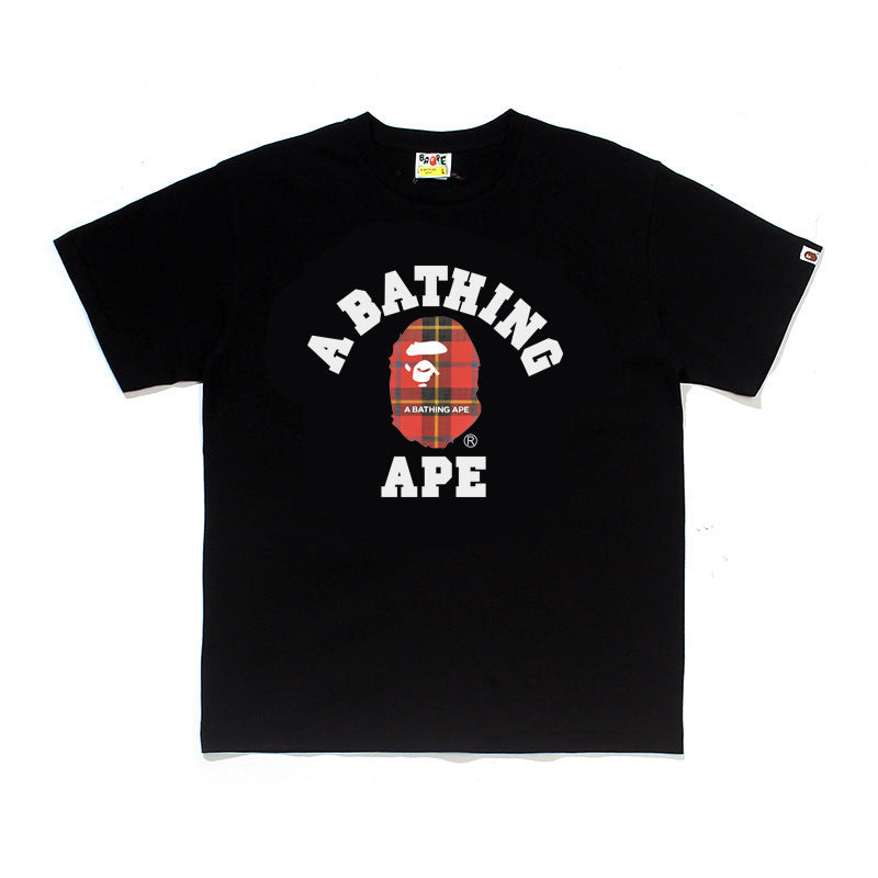 Plaid-pattern cotton short sleeve tee with graphic print