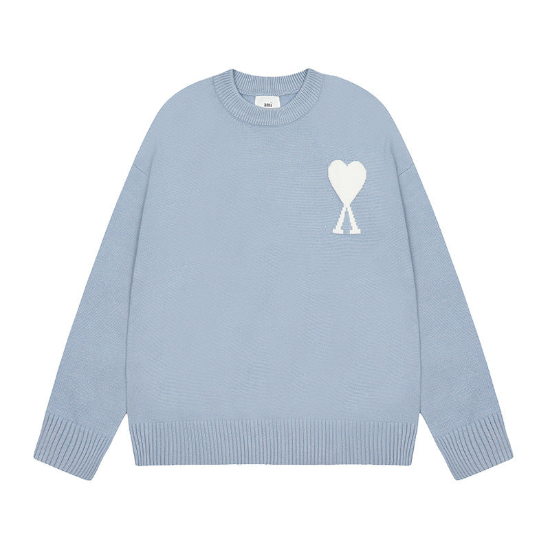 Men's round neck knit sweater with heart embroidery
