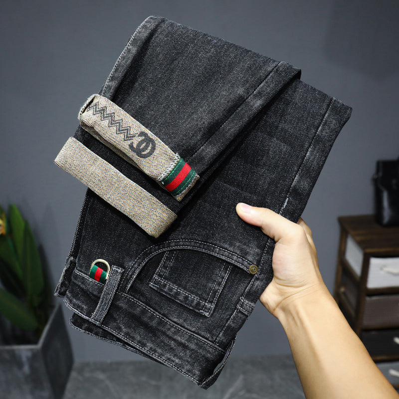 Slim-fit gray denim shorts with embroidered details