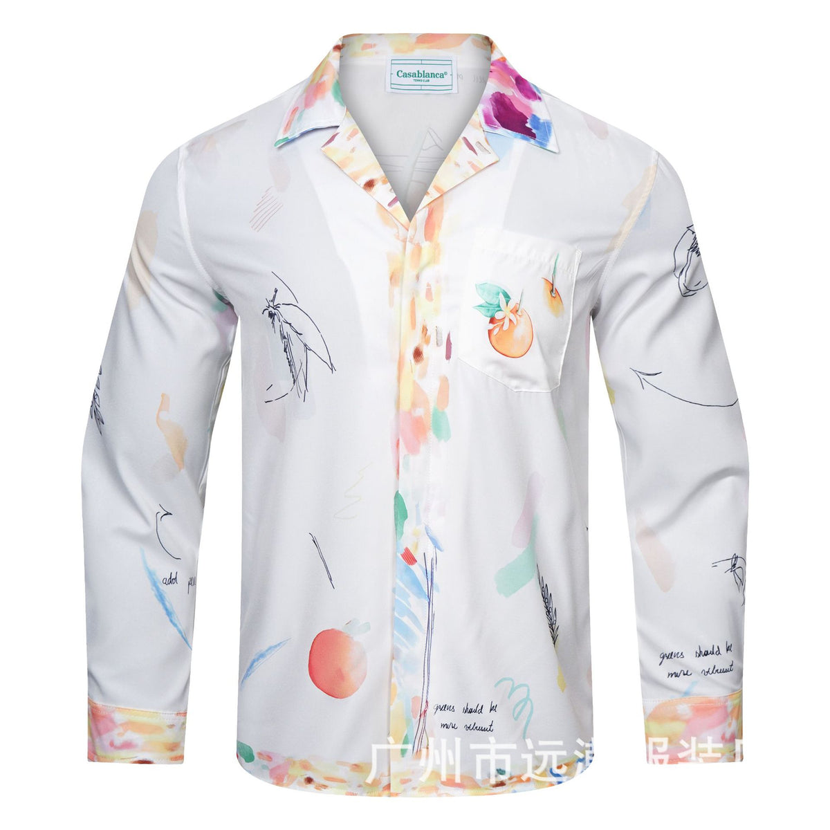 Long-sleeve checkered shirt with tropical graphic print and pastel trim