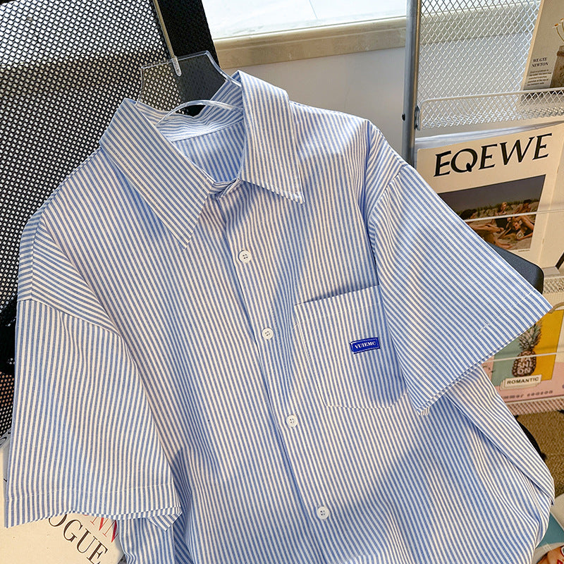 Blue and Gray Striped Short Sleeve Cotton Button-Up Shirt