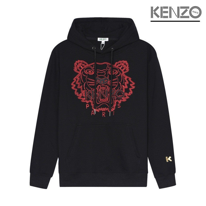 Black Terry Crewneck Sweatshirt with Embroidered Tiger Motif