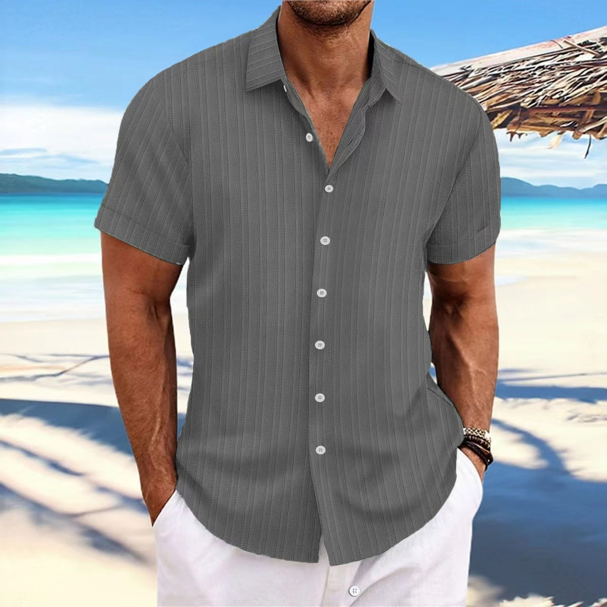 Jacquard striped short-sleeve cotton linen shirt