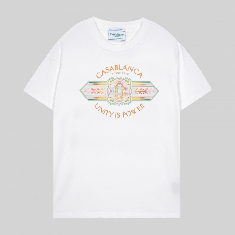 Loose-fit short sleeve t-shirt with blue and white floral script print