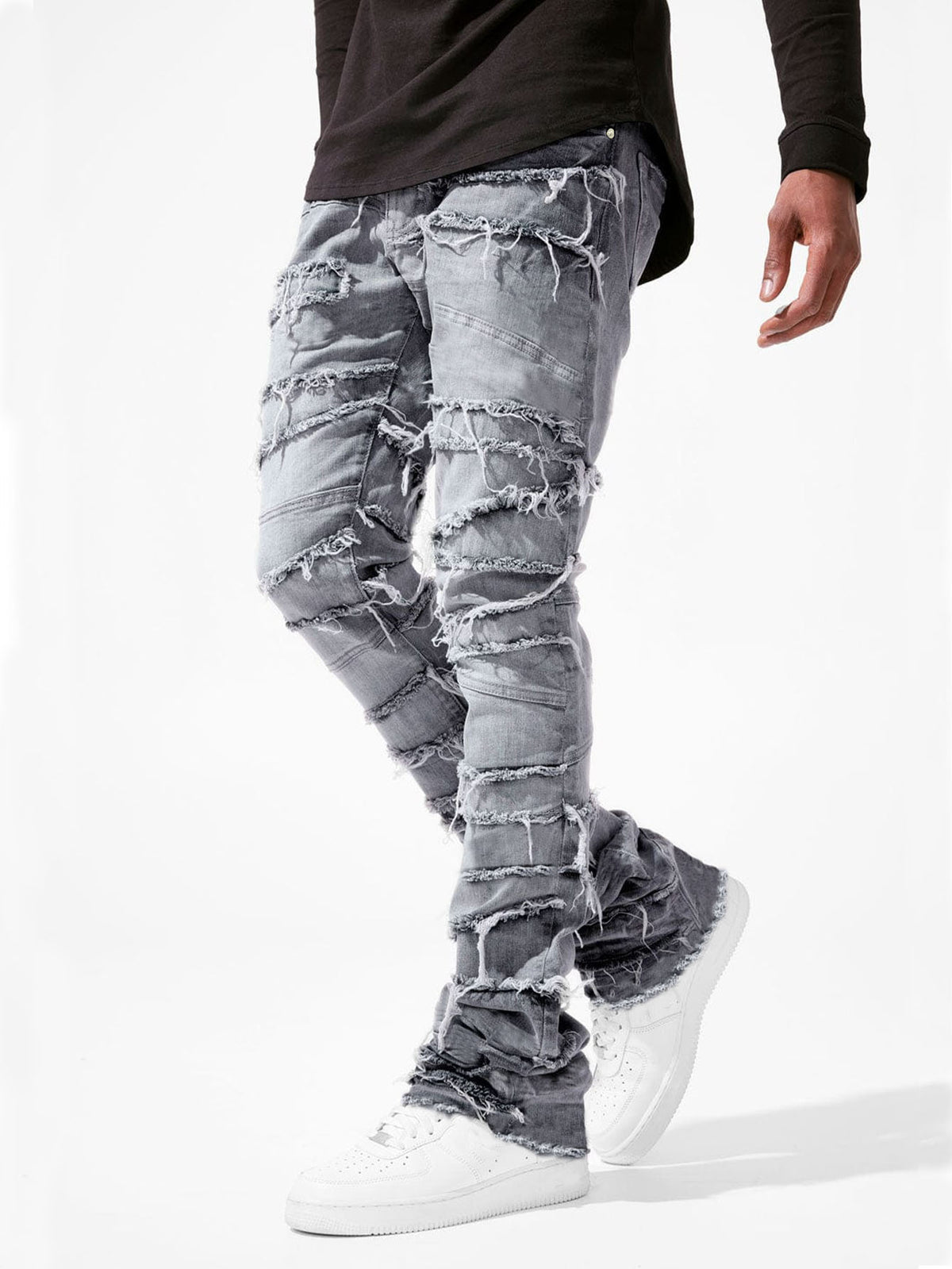 Distressed Patchwork Denim Straight Leg Jeans