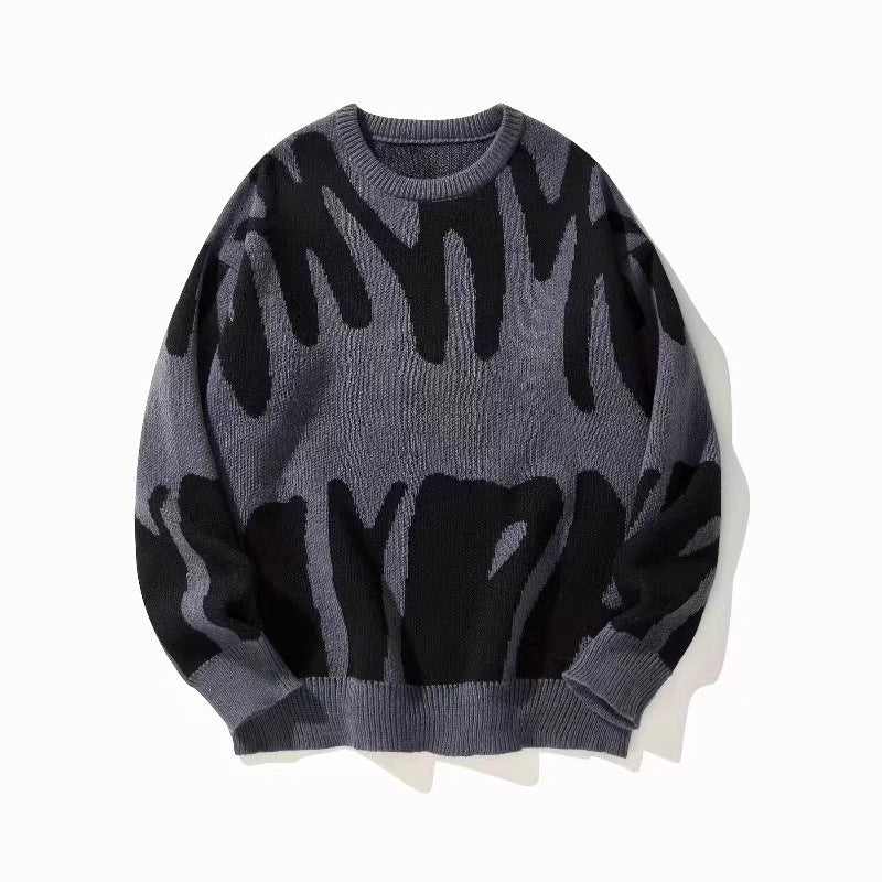 Men's Stylish Jacquard Knit Sweater - Loose Fit Round Neck Long Sleeve Pullover For Teens & Adults (Black/White, Grey/Black, Cream/Brown, Blue/White) - product image 8