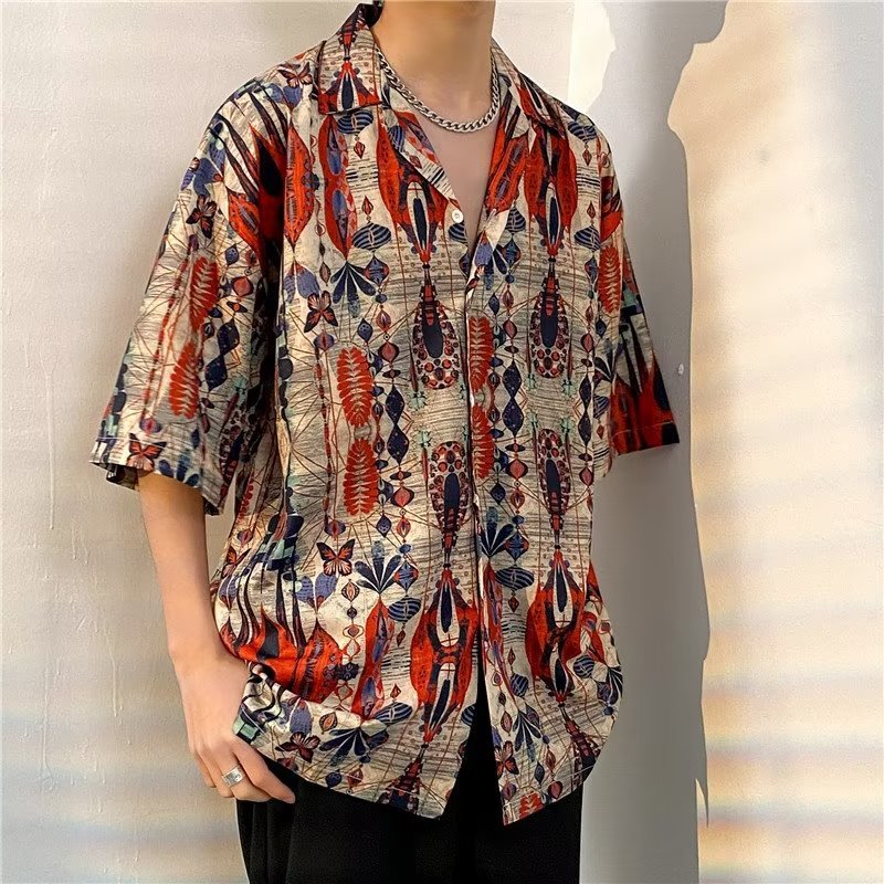Tropical leaf print short sleeve button up shirt