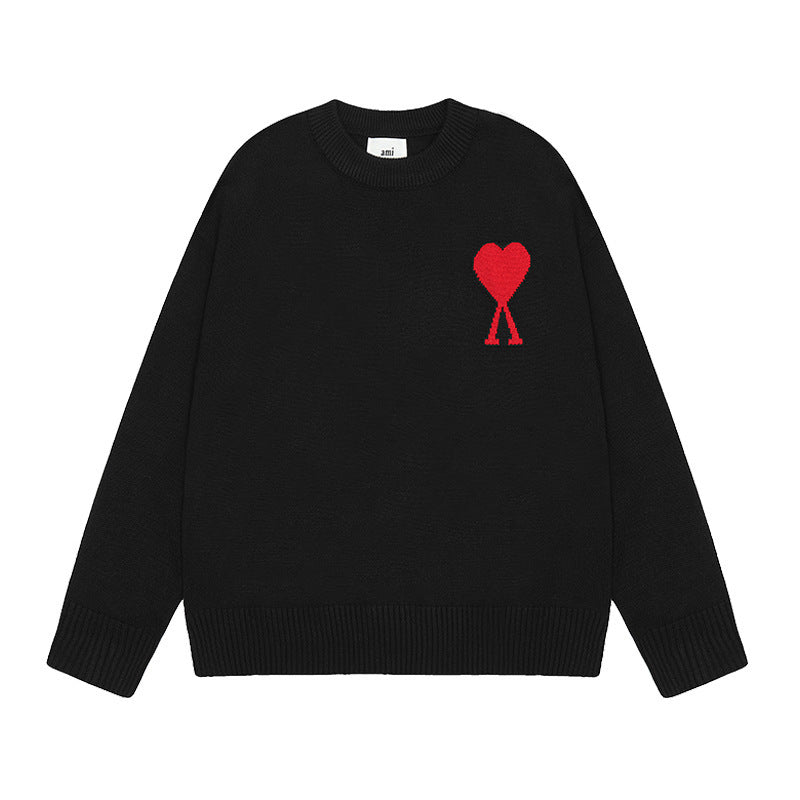 Men's round neck knit sweater with heart embroidery