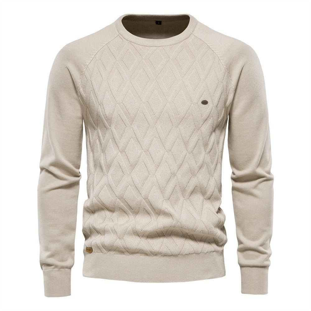 Diamond-Knit Cotton Crewneck Sweater in Khaki, Black, Green, Blue, Red, or Brown