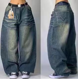 Baggy denim jeans with embroidered back pocket graphics