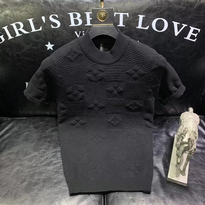 Cream short-sleeve knit sweater with embossed jacquard pattern