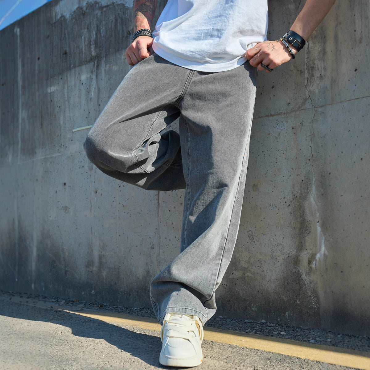 Washed Gray and White Relaxed-Fit Denim Jeans
