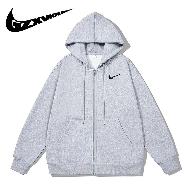 Black full-zip fleece-lined hoodie with drawstrings and kangaroo pocket