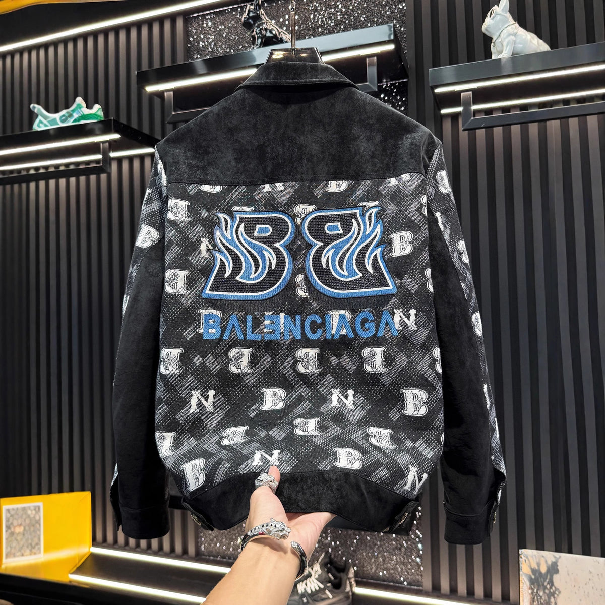 Black and Beige Patchwork Embroidered Baseball Jacket