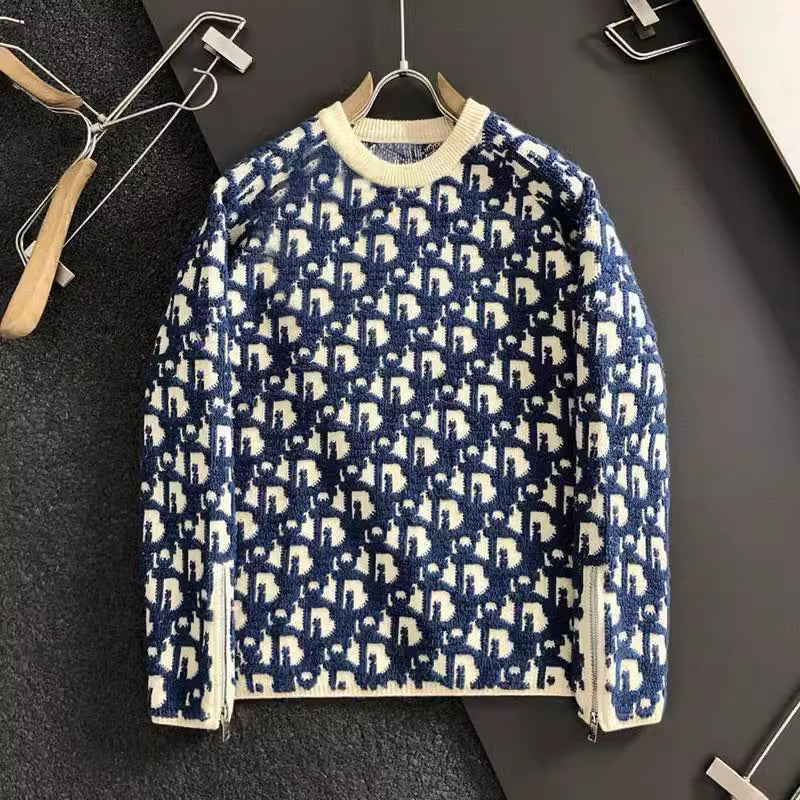 Heavyweight Jacquard-Knit Blue Sweater with Zippered Sleeves