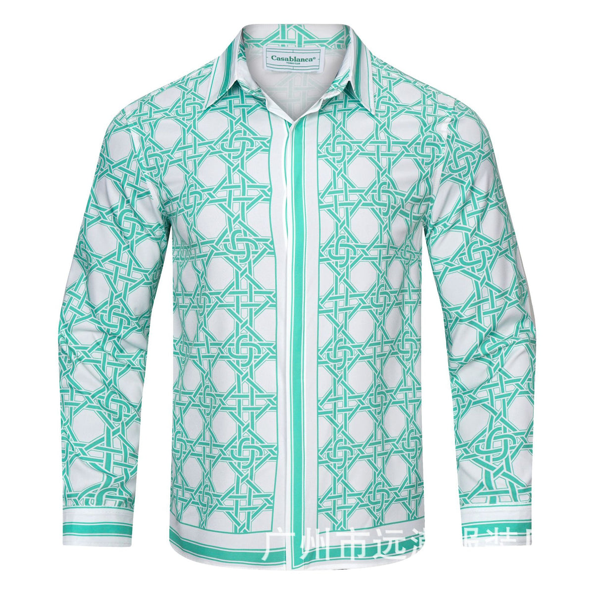Long-sleeve checkered shirt with tropical graphic print and pastel trim
