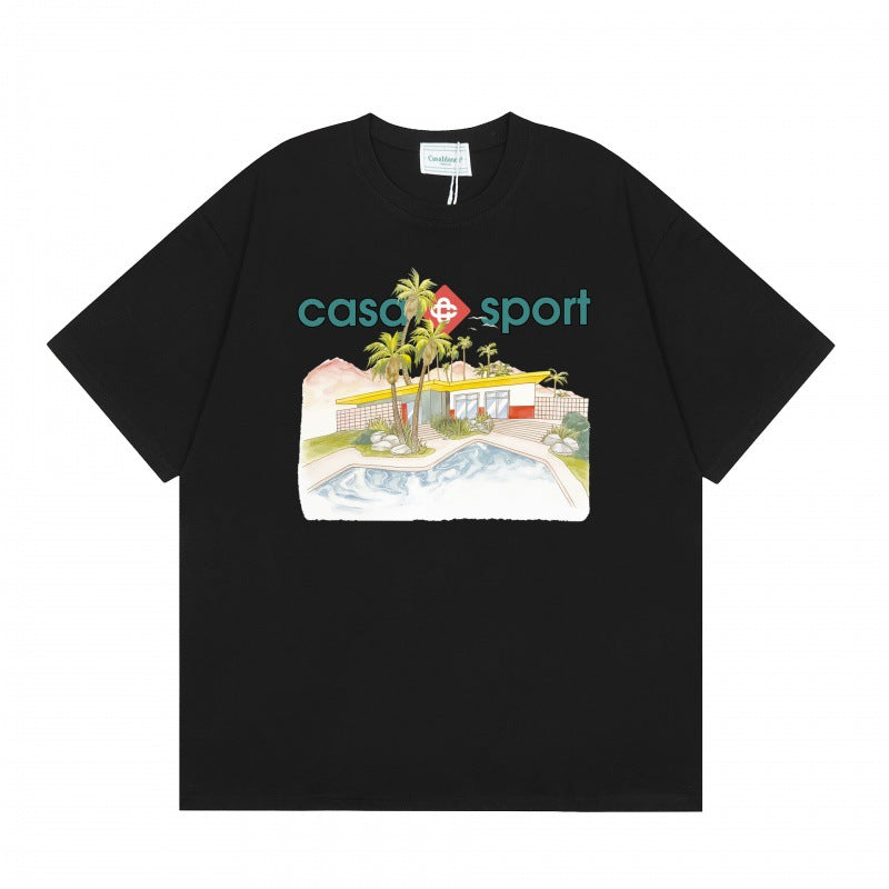 Loose-fit short sleeve t-shirt with blue and white floral script print