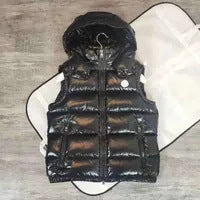 Black Nylon Hooded Puffer Vest with Quilted Texture and Full Zip