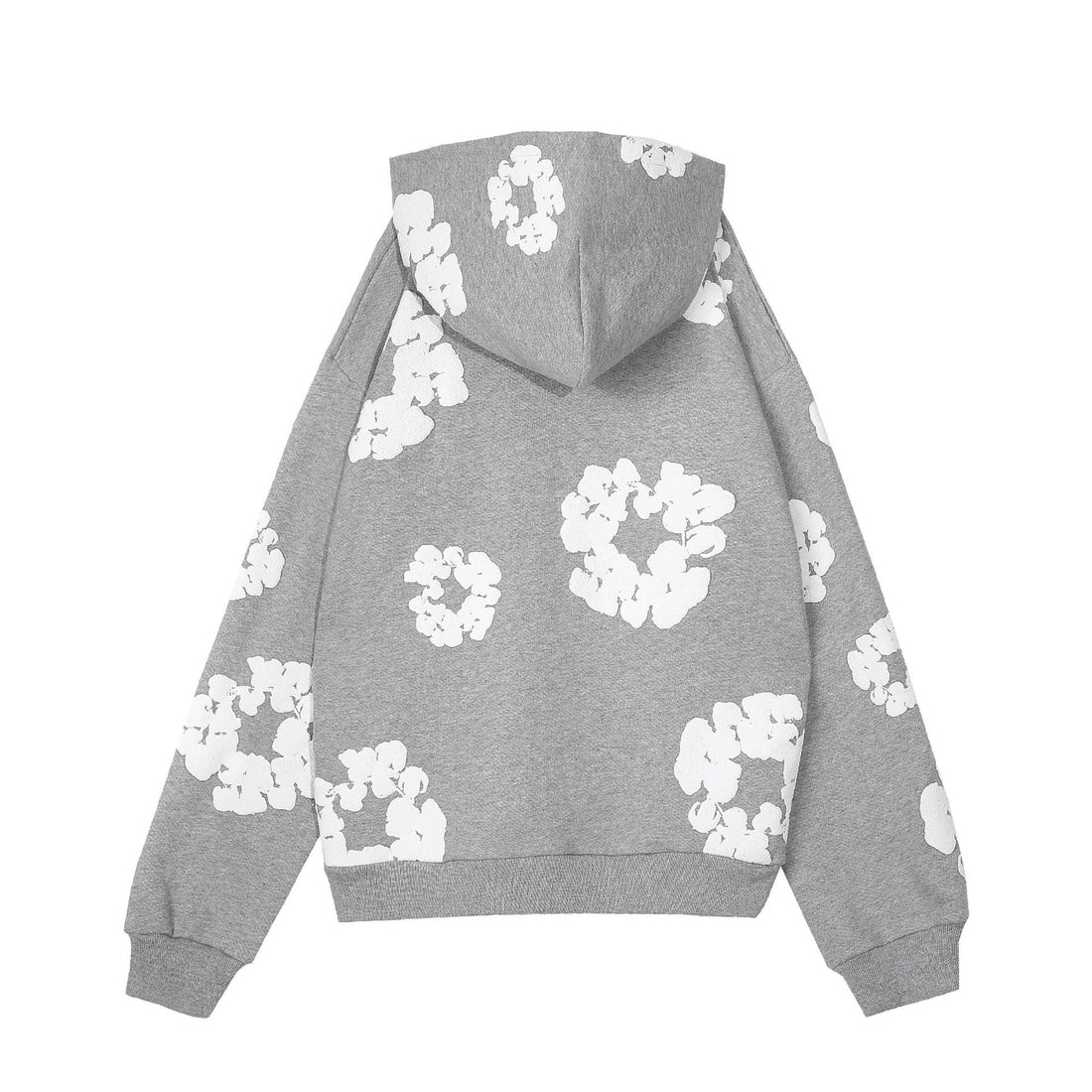 Black cotton hoodie with abstract white floral print and front pouch pocket