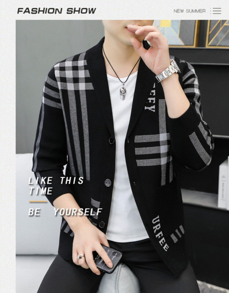 Contrast-Panel Knitted Cardigan with Beige Plaid and Letter Detail