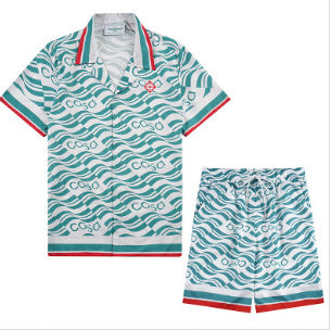 Abstract Wave Print Short Sleeve Cotton Shirt