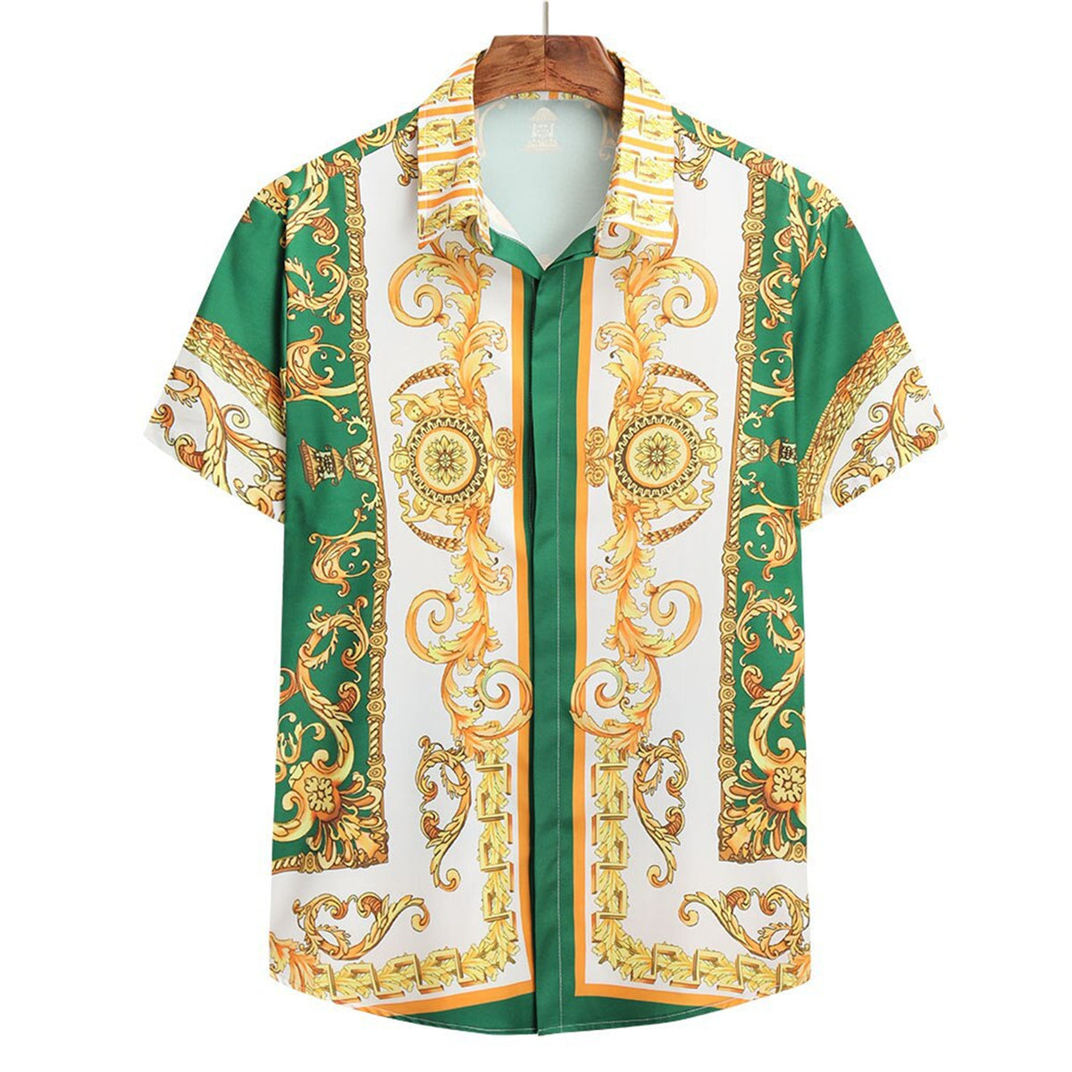 Baroque-print short-sleeve cotton button-up shirt in brown gold white orange