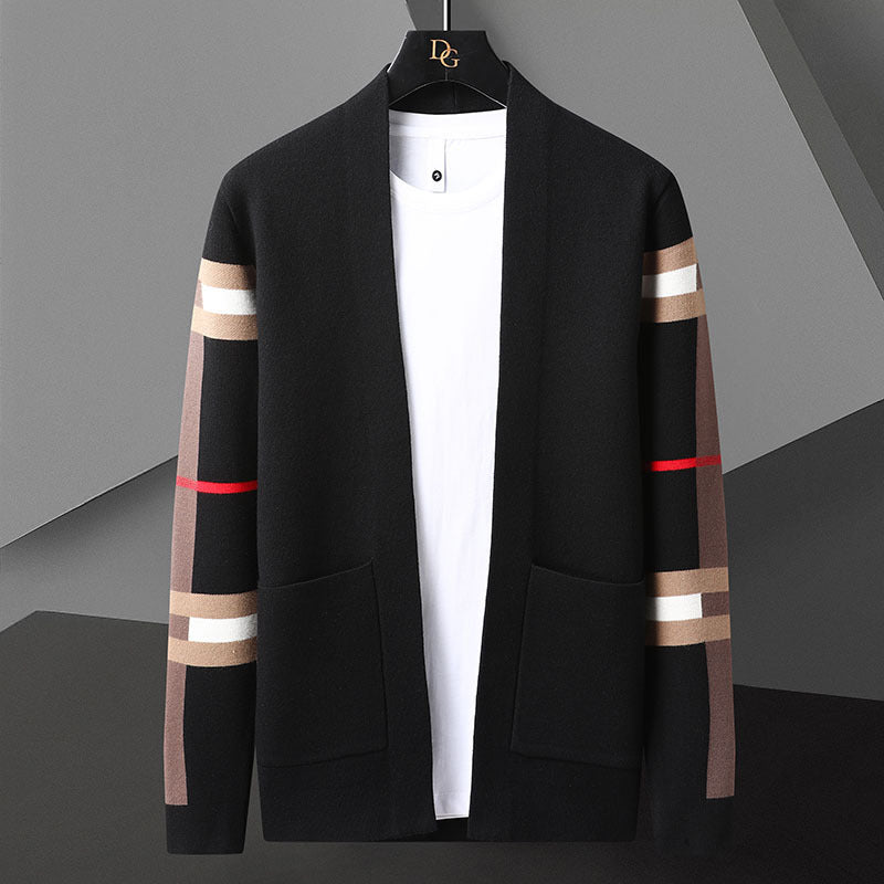 Striped open-front knitted cardigan with contrast sleeve detailing