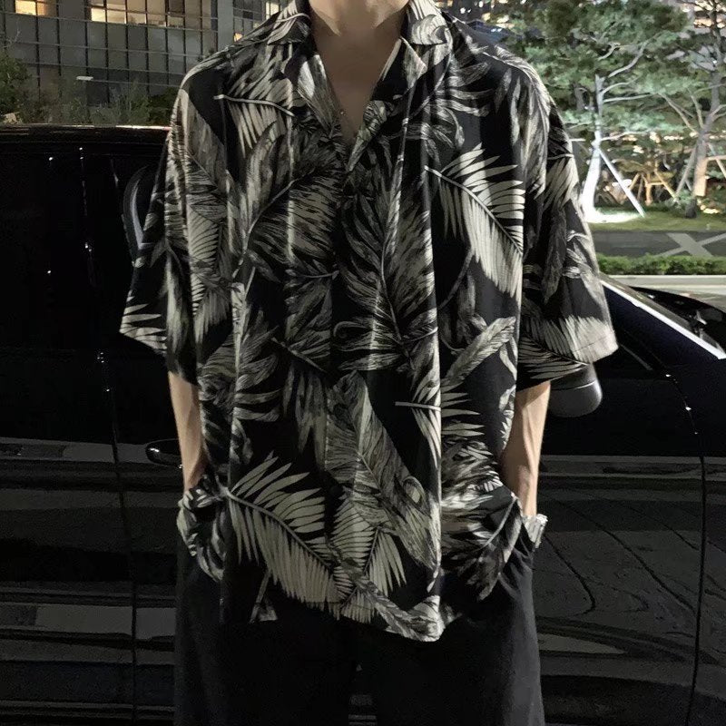 Tropical leaf print short sleeve button up shirt