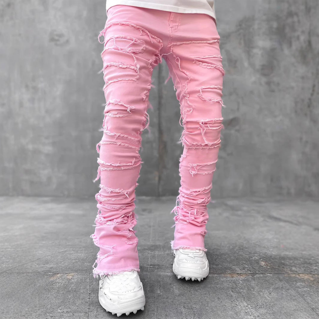 Light-Wash Distressed Straight-Cut Denim Pants