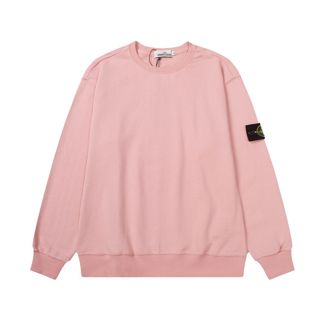 Solid-color hooded zip-up jacket with embroidered badge