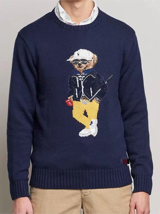 Navy crewneck sweater with embroidered bear holding golf club