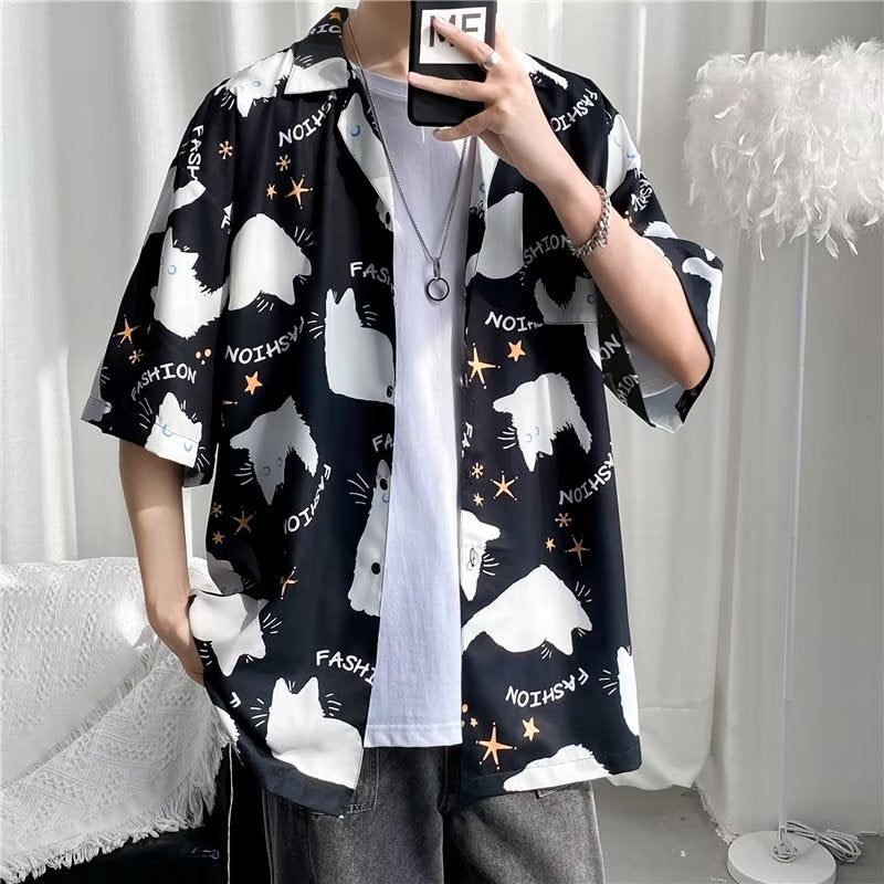 Tropical leaf print short sleeve button up shirt