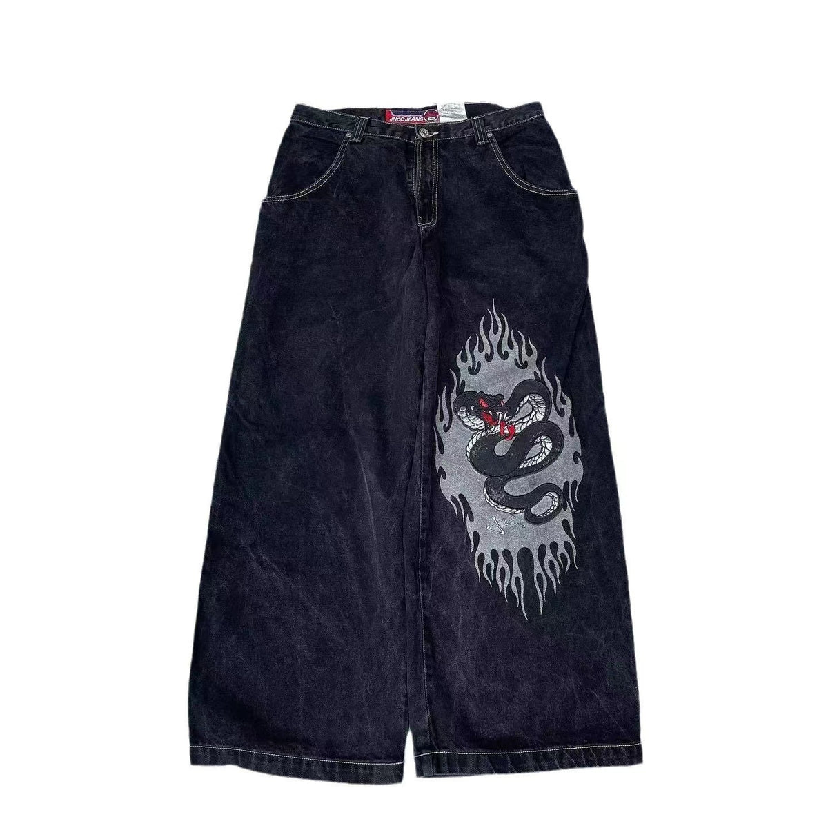 Baggy denim jeans with embroidered back pocket graphics
