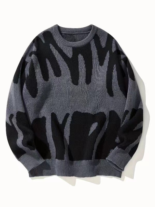 Men's Jacquard Knit Pullover Sweater - Loose Fit Crew Neck Long Sleeve - Grey/Black