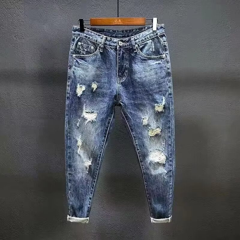 Slim Fit Distressed Medium Blue Denim Jeans
