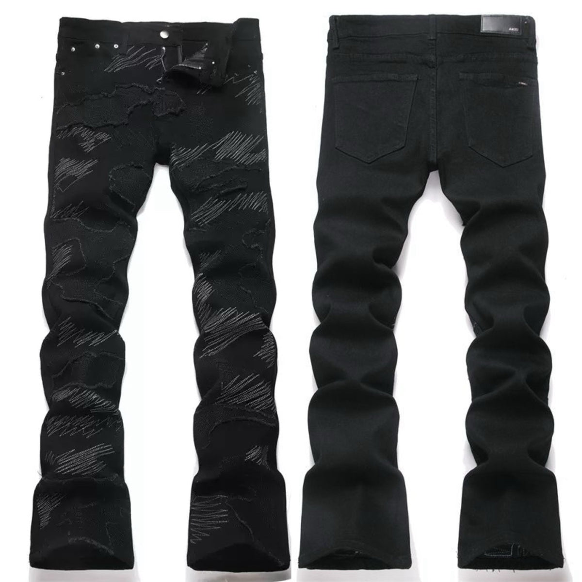Distressed Straight-Leg Denim Jeans in Blue Black Gray or White