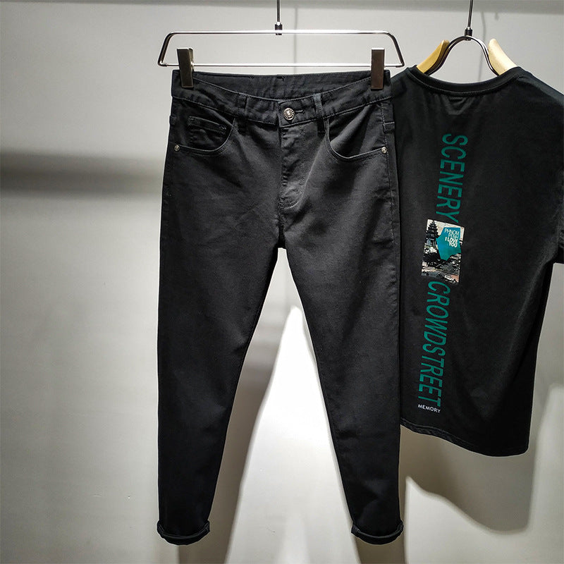 Dark Blue Patchwork Cuffed Slim Fit Denim Jeans