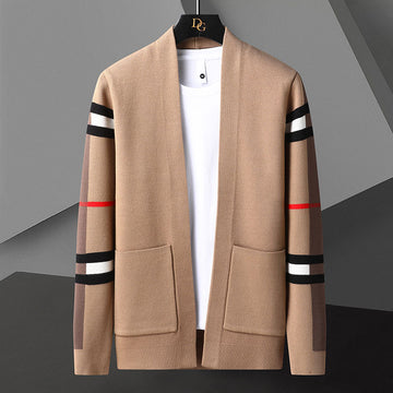 Striped open-front knitted cardigan with contrast sleeve detailing