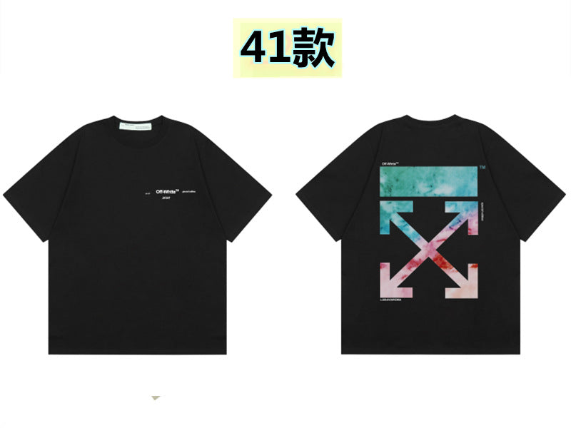 Round neck short sleeve cotton t-shirt with front 'Off' print and large back arrow graphic