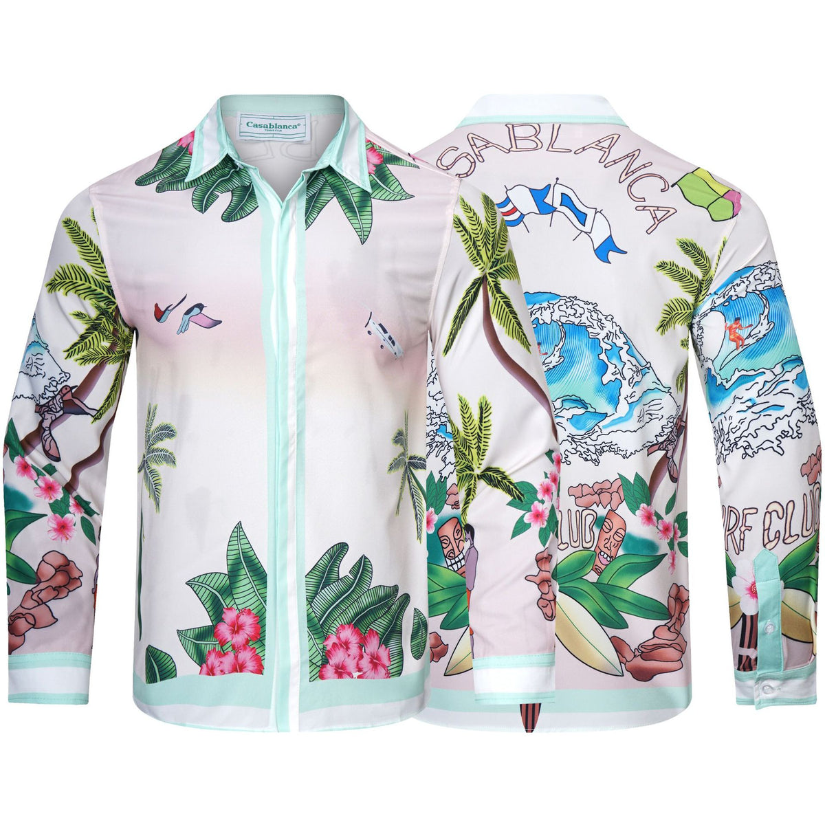 Long-sleeve checkered shirt with tropical graphic print and pastel trim