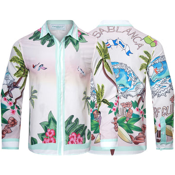 Long-sleeve checkered shirt with tropical graphic print and pastel trim