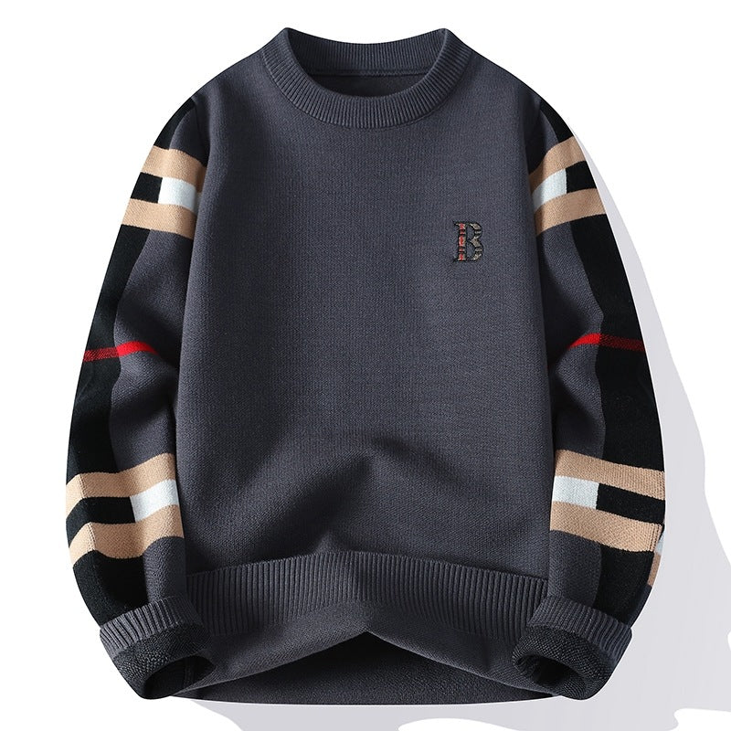 Cashmere-Blend Color-Blocked Knit Sweater in Khaki Gray and Black