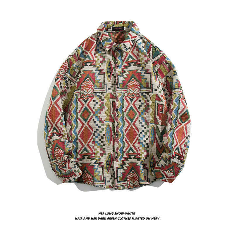 Oversized geometric tribal print button-up shirt