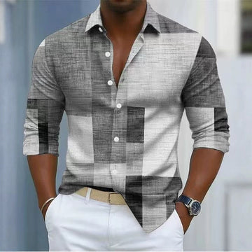 Beige and brown plaid long-sleeve cotton button-up shirt