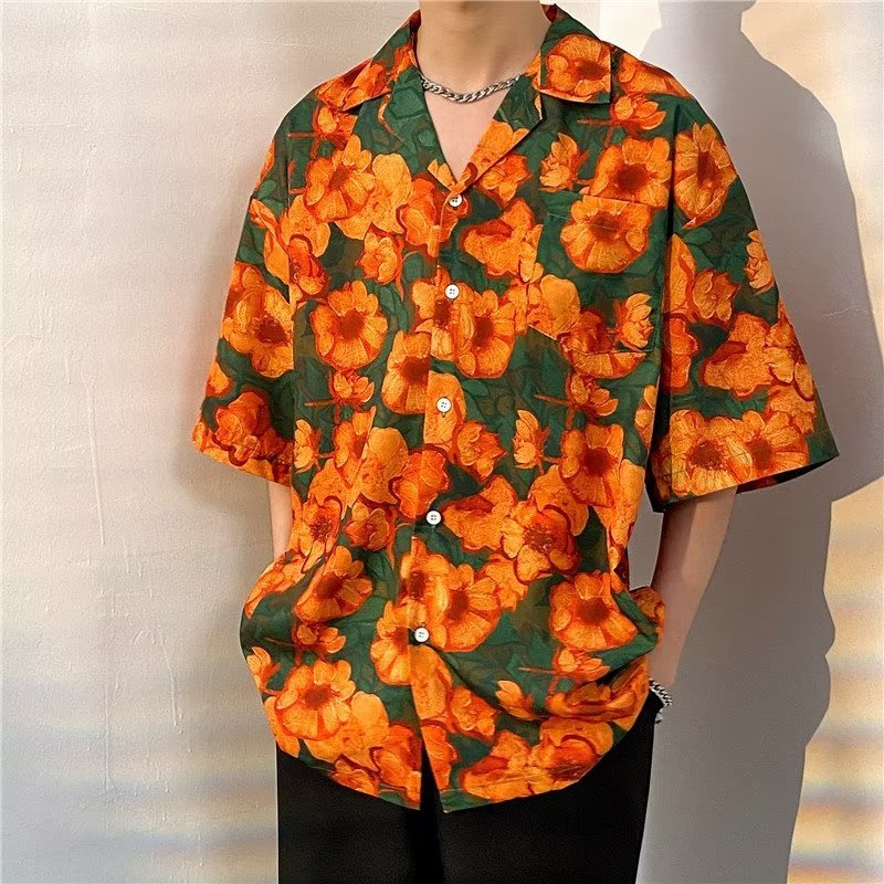 Tropical leaf print short sleeve button up shirt