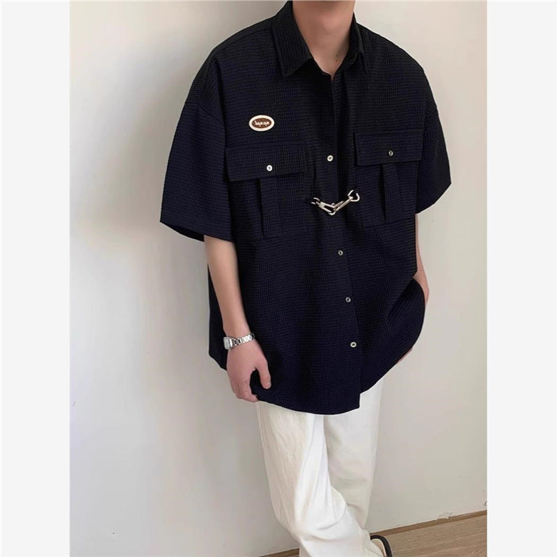 Short-Sleeve Waffle-Knit Button-Up Shirt in Black Red or Khaki