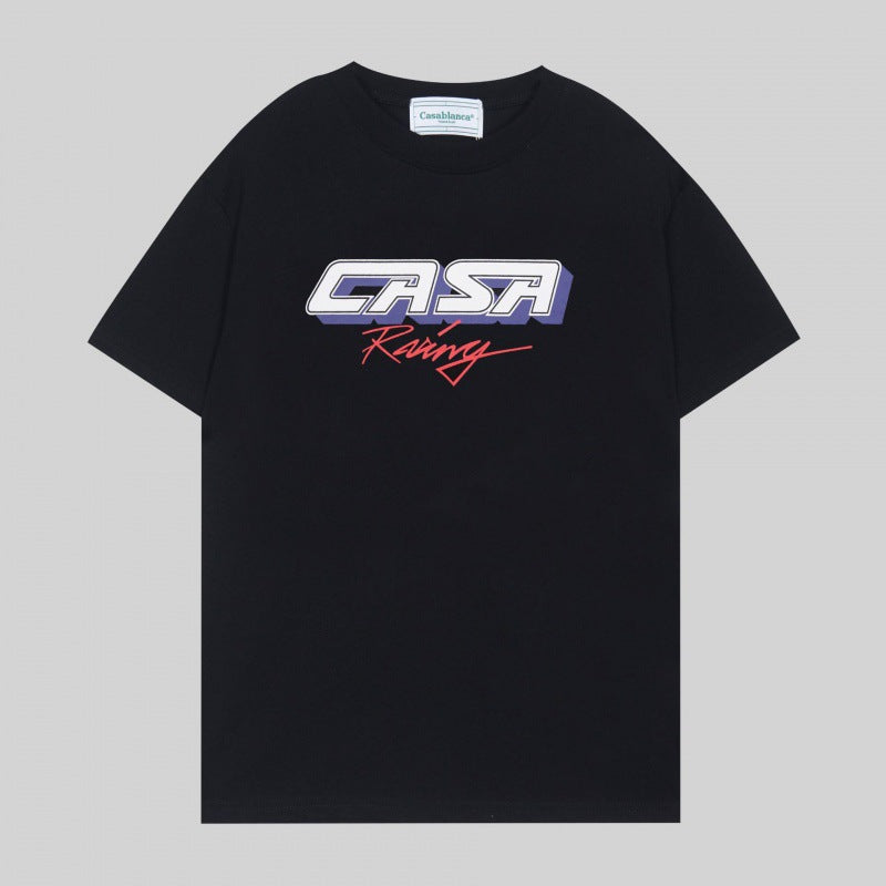 Loose-fit short sleeve t-shirt with blue and white floral script print
