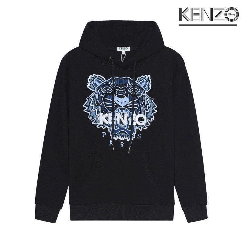Black Terry Crewneck Sweatshirt with Embroidered Tiger Motif