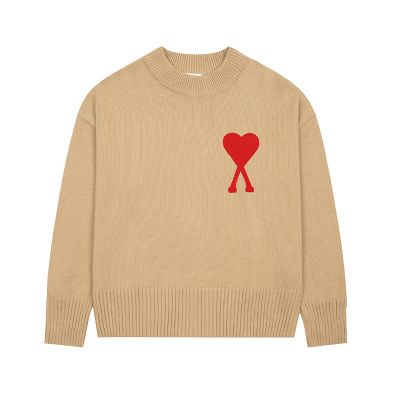 Men's round neck knit sweater with heart embroidery